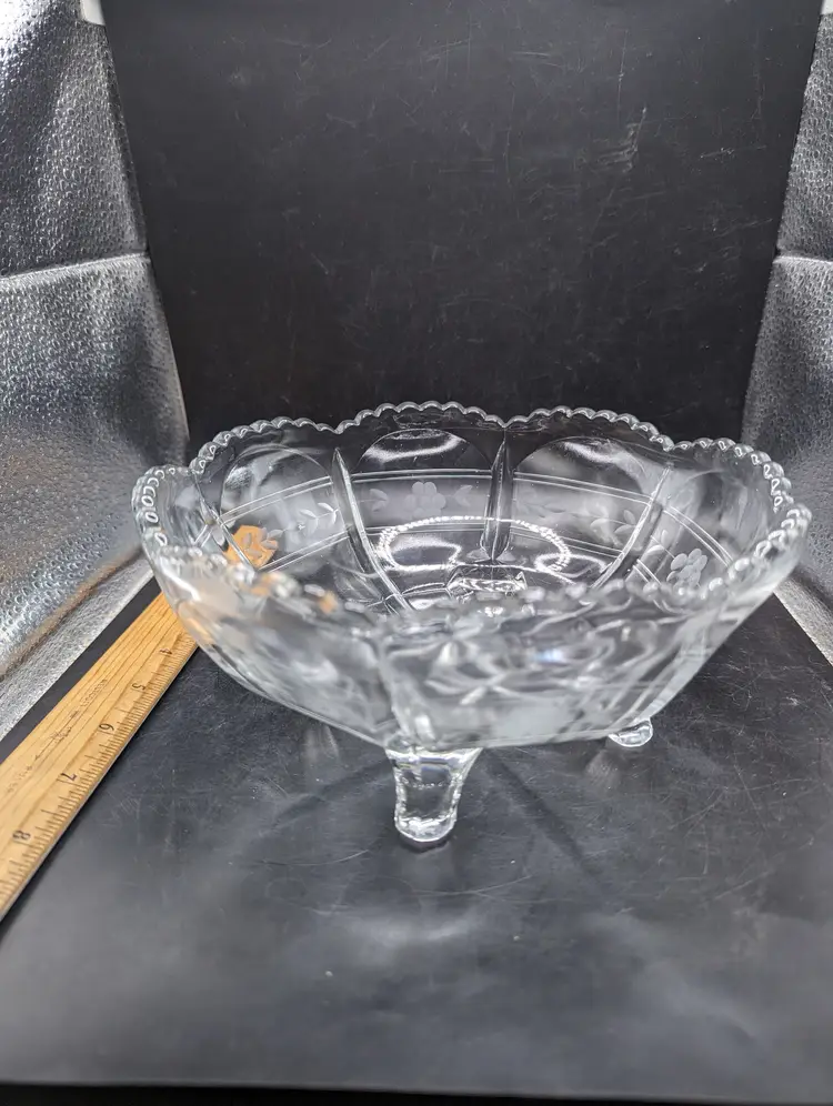 Vintage Clear Depression Floral Etched Footed Serving Bowl Candy Dish