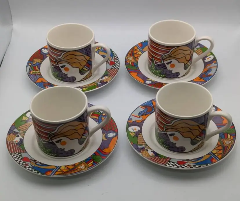 METROPOLITAN ART by Sakura 1991 -  Stoneware DEMITASSE Coffee Cup & Saucer Set of 4  NIB