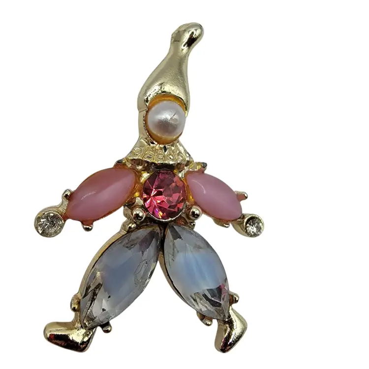 Whimsical Gold tone Jester Brooch Crafted With Multicolor Rhinestones Pearl