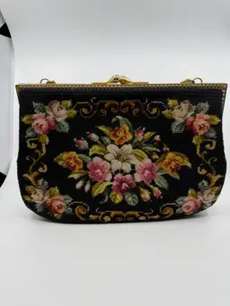 Vintage Floral Needlepoint Purse W Attached Coin Purse & Mirror 14”