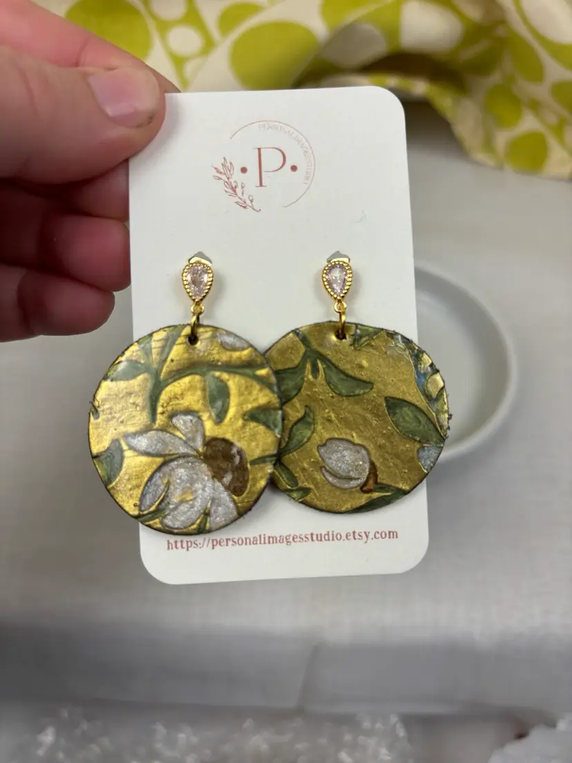 Handmade Cloisonné Style Floral Earrings Gold White