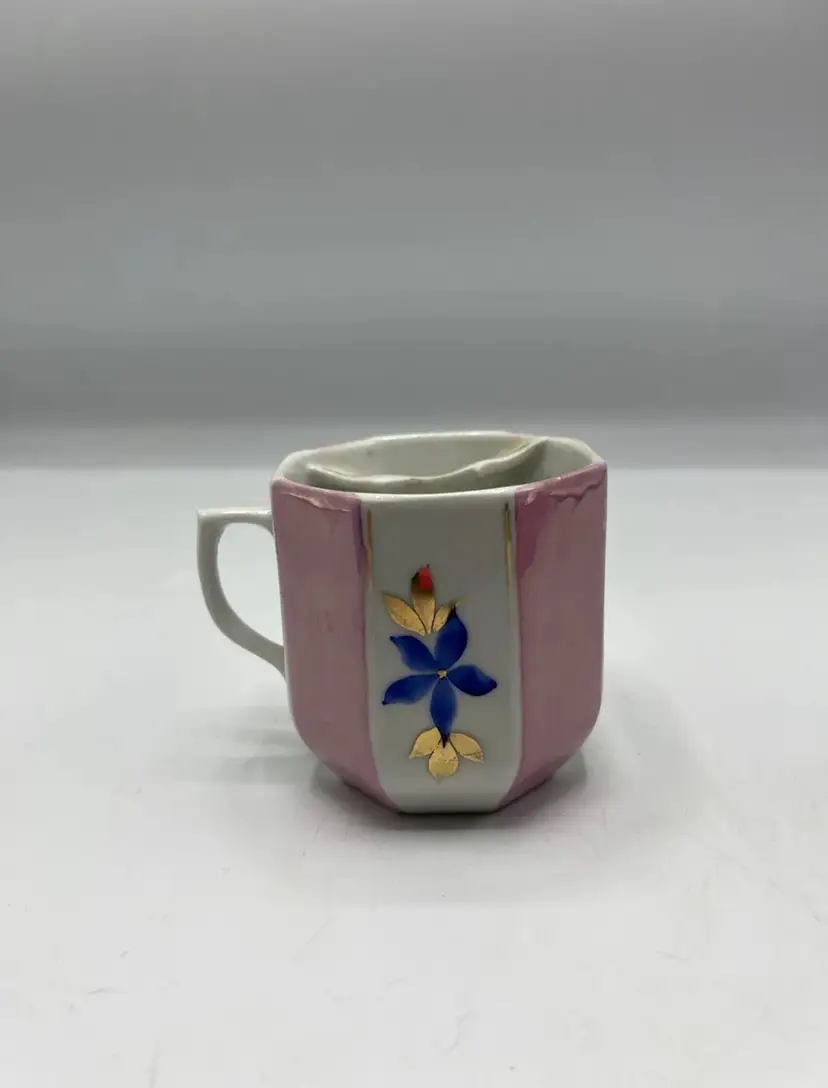 Vintage Pink Luster Floral Mustache Mug 3” Dia 3.25”Tall