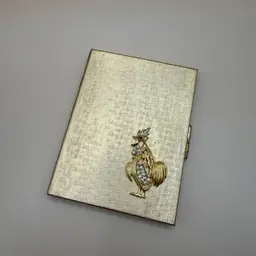 Mid Century Gilt Brushes Metal Rhinestone Rooster “Something To Crow About” Pocket Photo Album 4”