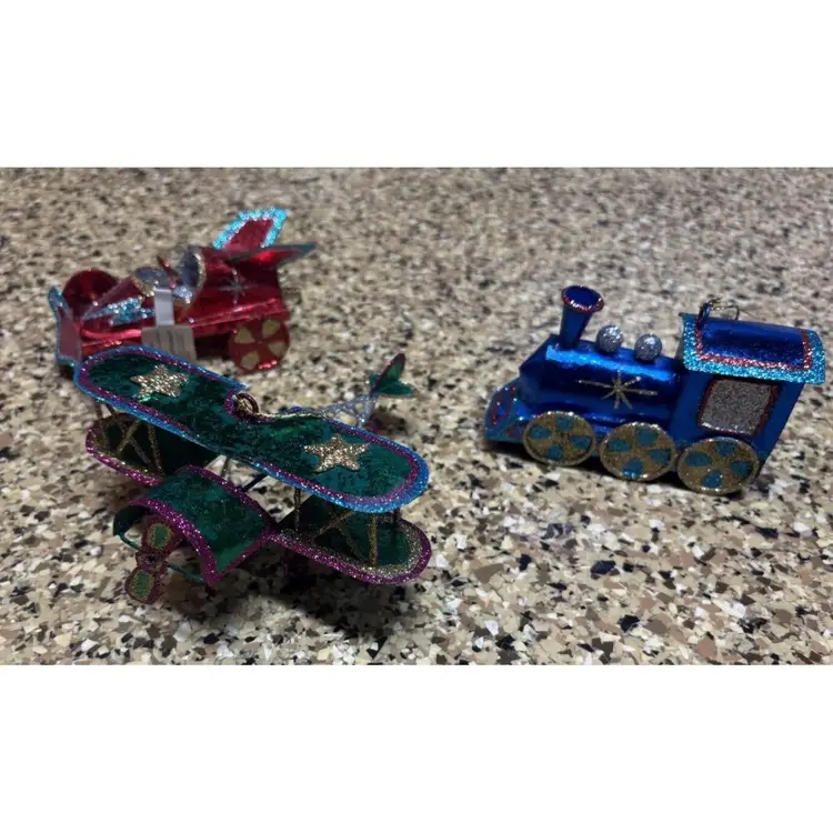 NWT Pier 1 Metal Glitter Christmas Ornament Set Of Three Train, Plane, Car (C4)