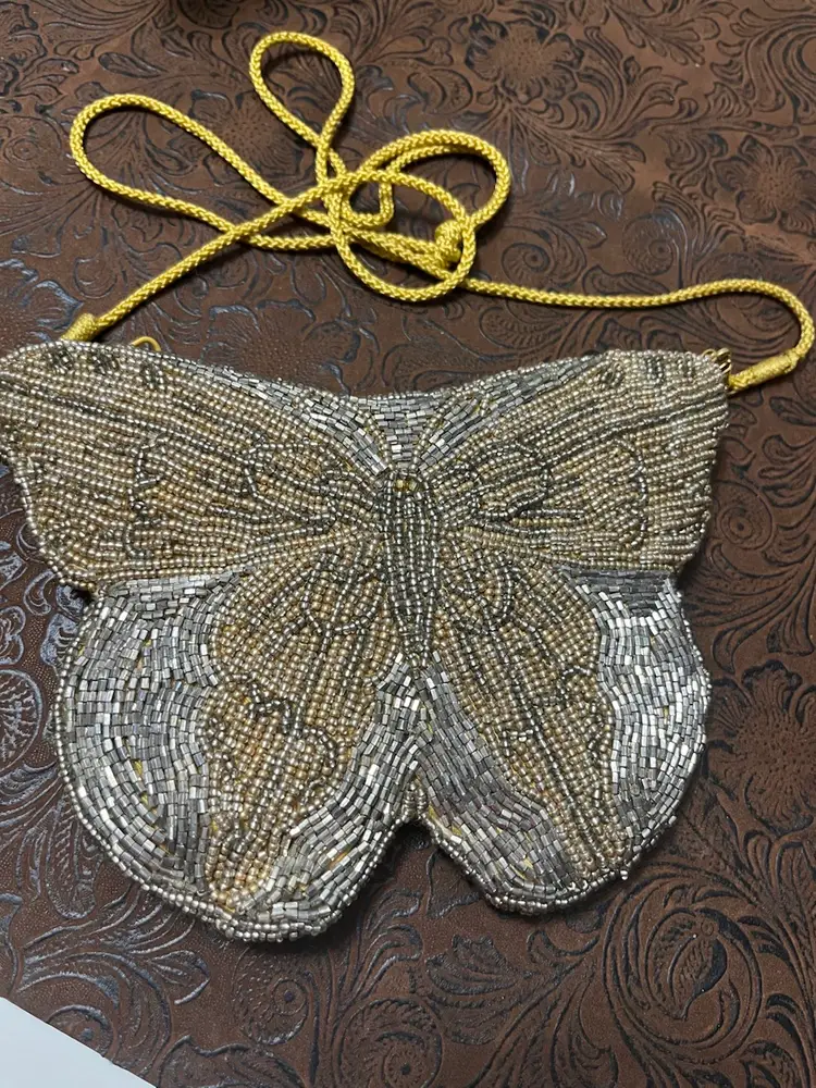 Vintage Neiman Marcus Double Sided Hand Beaded Gold/Silver Color Purse Yellow Lining