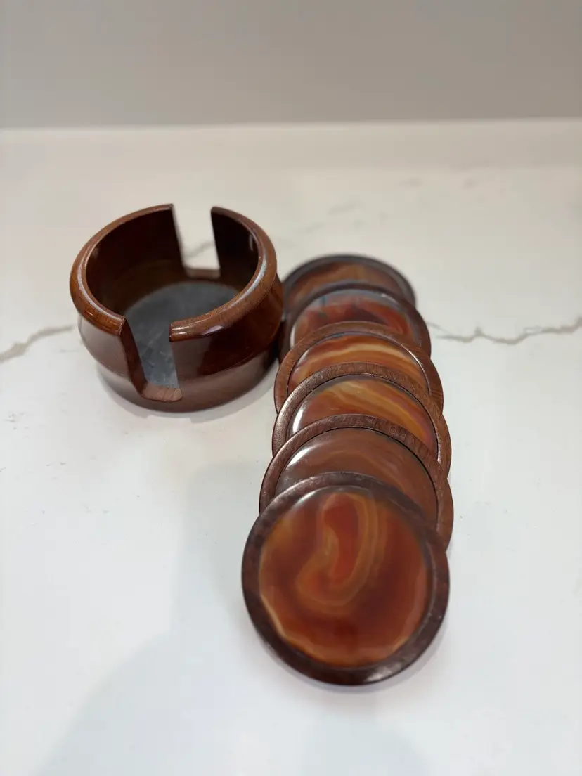 Vintage Agate Coaster Set Made In Brazil - Set Of 6 With Holder