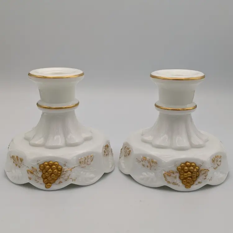 Westmoreland Milk Glass Paneled Grape Skirted Gold Accents Candle Holders Pair