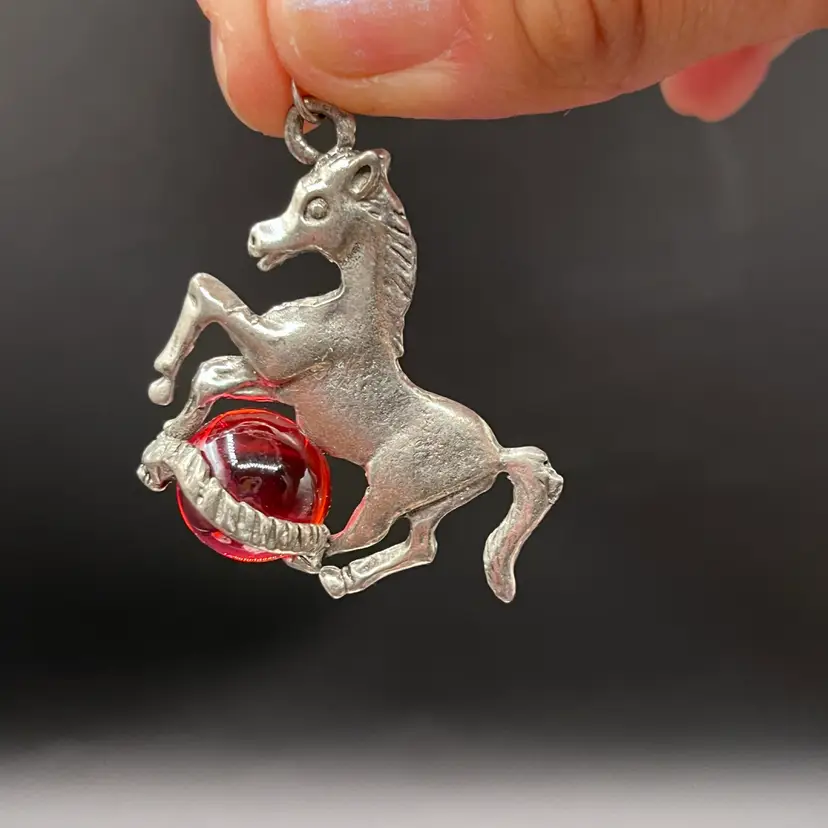 #22 Vintage 1990s Pewter Metal Horse Pendant with Red Glowy Glass Orb 1.75β π