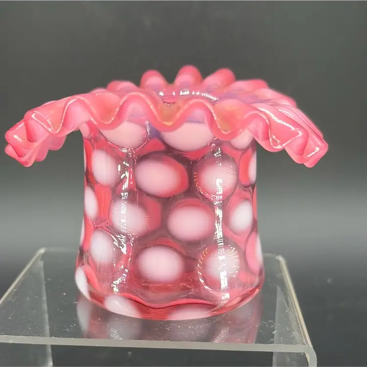 VINTAGE FENTON CRANBERRY COIN DOT RUFFLED TOP HAT VASE 2.5"