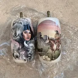 Two Native American Western Scene Ceramic Fan Pulls - 2 1/2 Inches Length