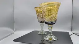 90s PAIR Amber Brown White Confetti Frit Swirl 16oz Goblet Glasses Blown Art Glass Clear Stem 7.75"