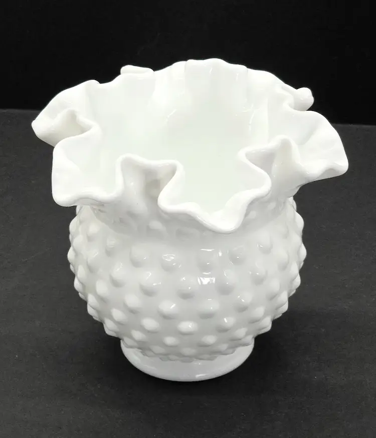 Fenton White Milk Glass Hobnail Rose Bowl Vase Marked