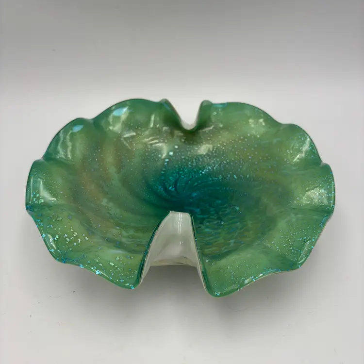 Italian Hand Blown Art Glass Bowl Seafoam Green Teal Aventurine Cased Shell Form