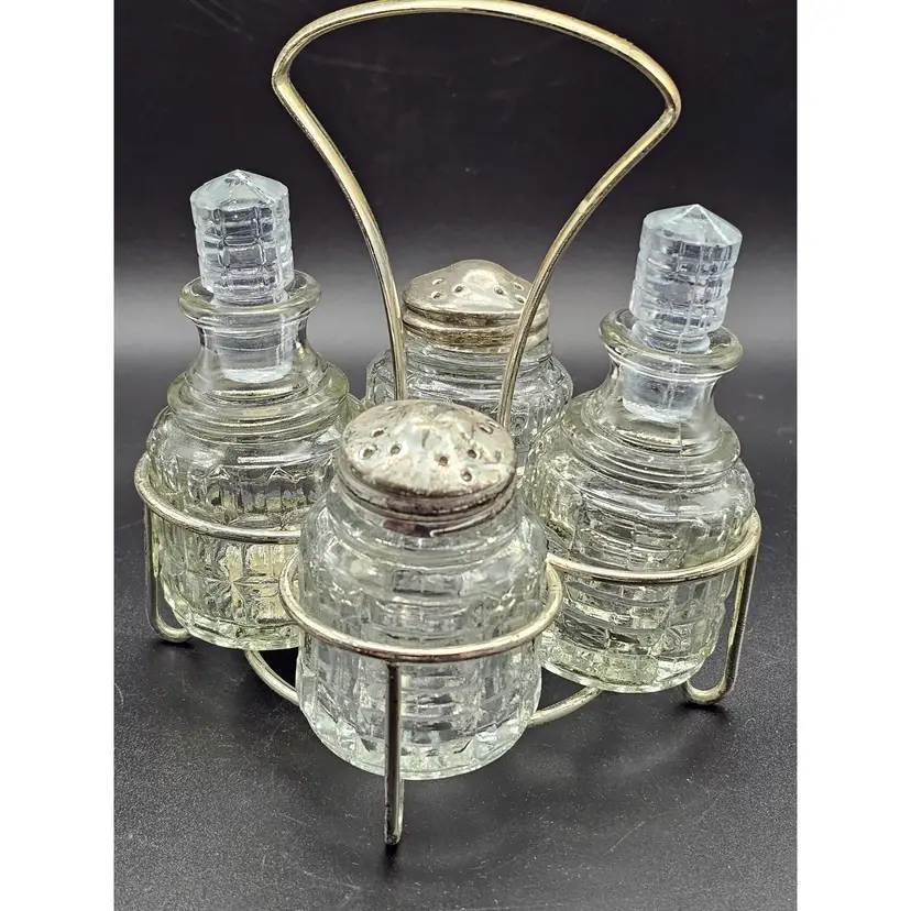 Vtg Raimond Crystal Salt Pepper Cruets Metal Cady Glows!