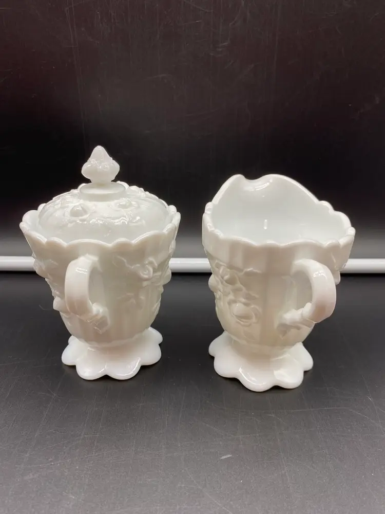Fenton Cabbage Rose Milk Glass Creamer Sugar Bowl w/Lid Set 1967-1974