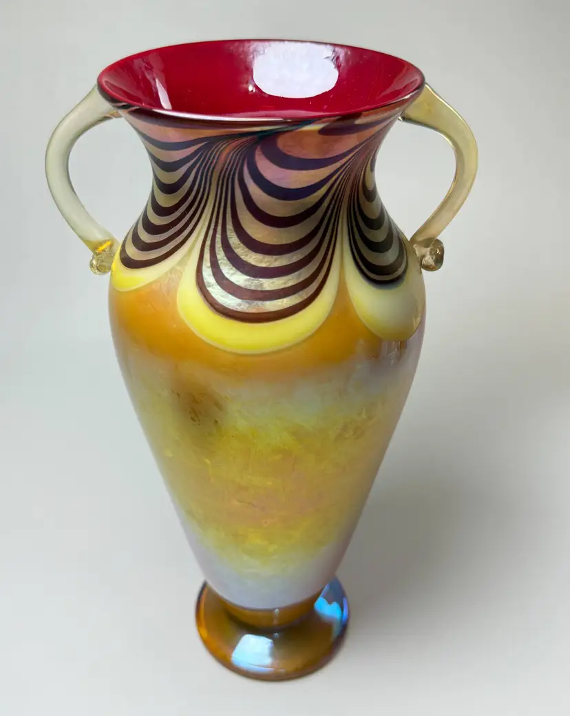 Rick Strini 1997 Gold Luster Red Pulled Feather Double Handled Vase Iridescent