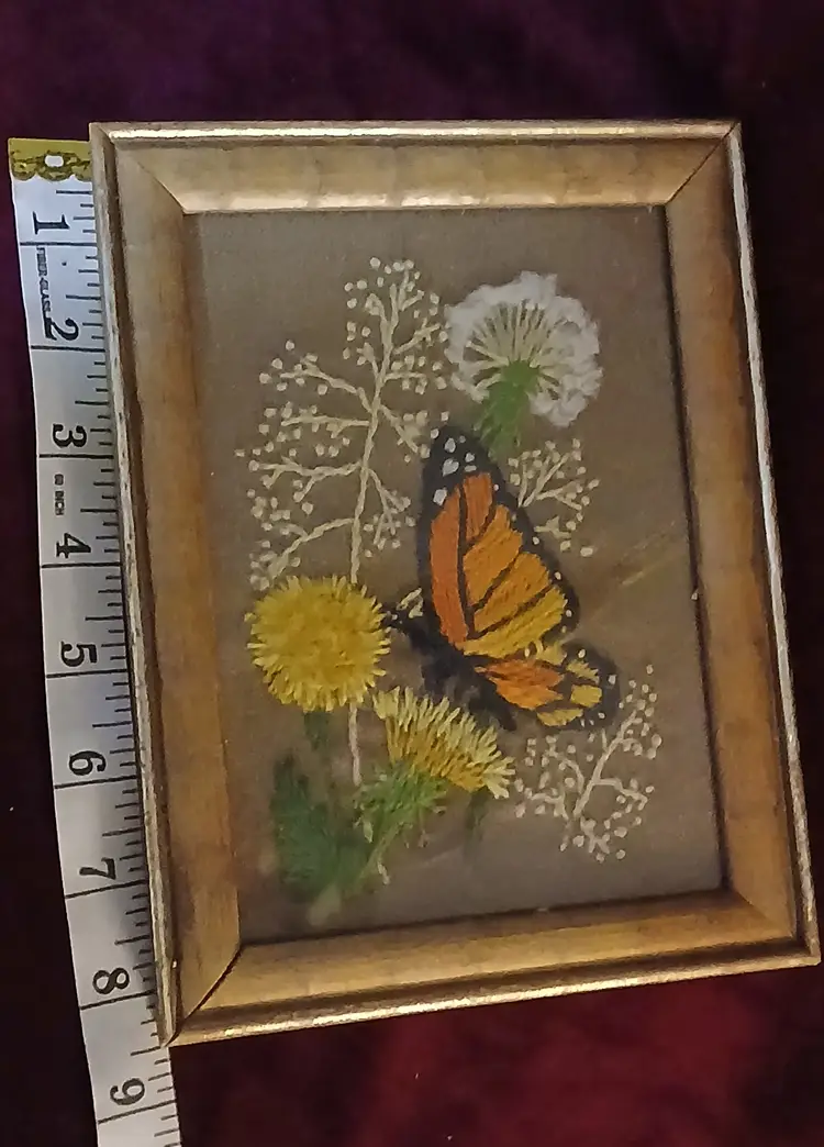 Vintage 1970s  Butterfly Crewel Wall Hanging