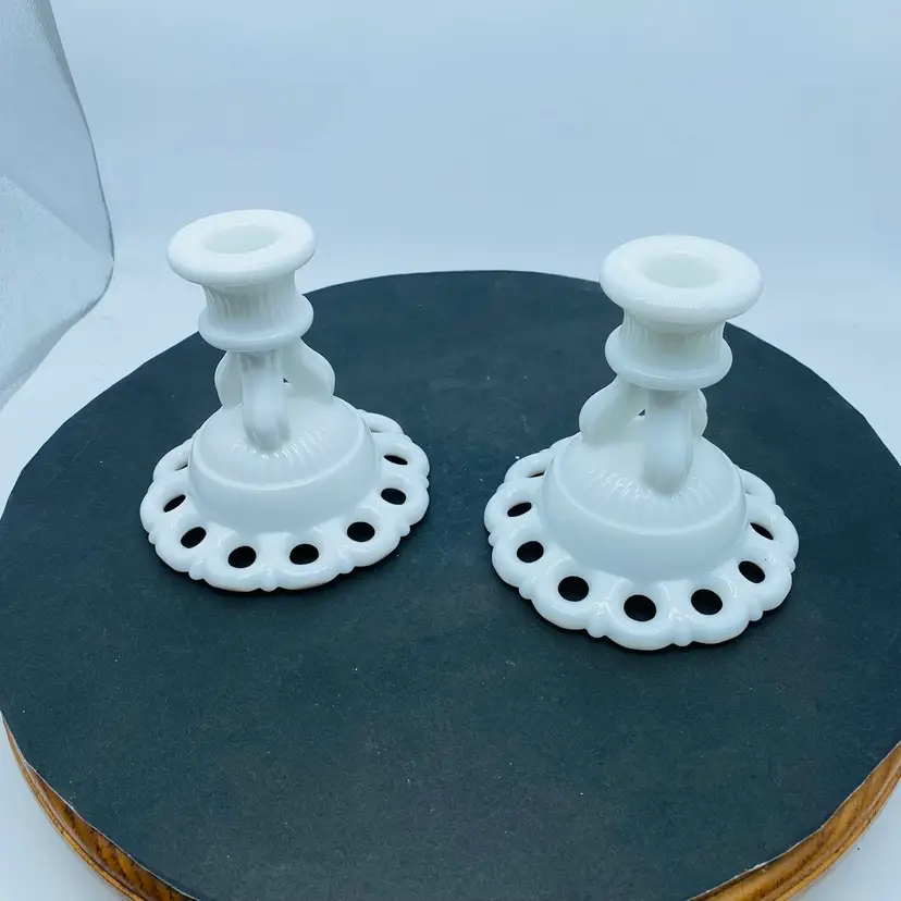 #0809 - Westmoreland Pair White Milk Glass Candleholders Doric Pattern