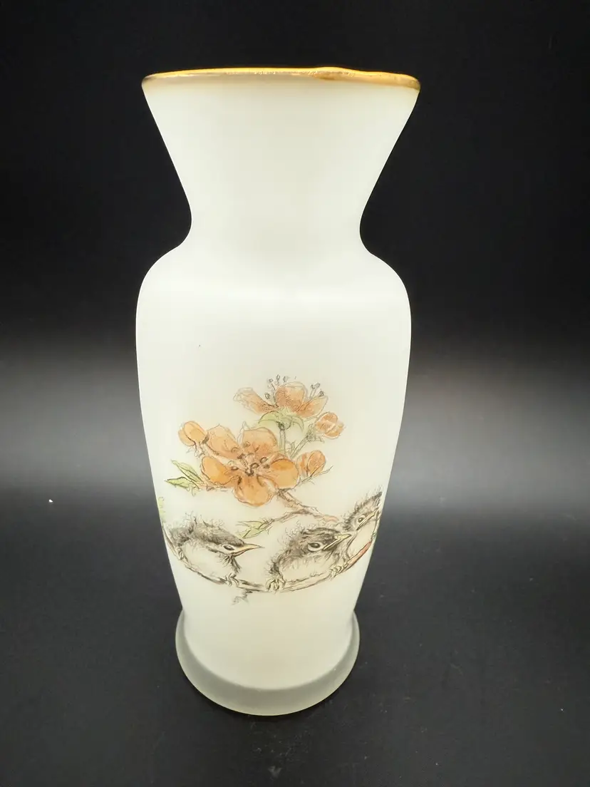 Vintage Enesco Satin or Frosted Vase with Baby Birds