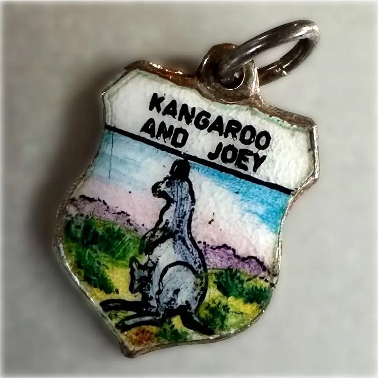 Australia - Kangaroo & Joey - Vintage Enamel Souvenir Travel Shield Bracelet Charm - Silver Plate