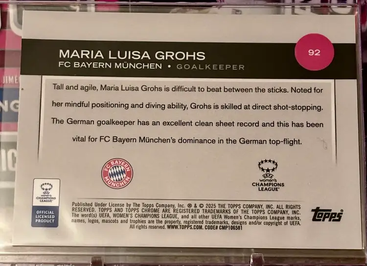 Maria Louisa Mala Grohs 2024/25 Topps Chrome UWCL Pink /250 Bayern Munich Soccer Card