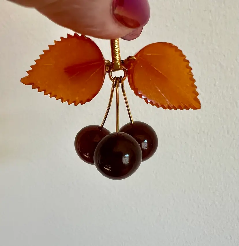 Vintage Soviet Baltic Golden & Cherry Amber Leaves & Cherries Articulating Brooch Marked