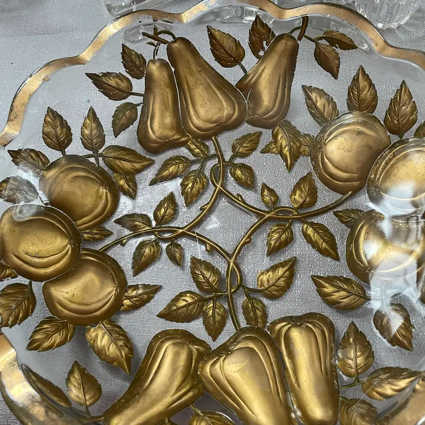 Goofus Glass Dish Fruits No Red Gold & Clear Pears Peaches Clean
