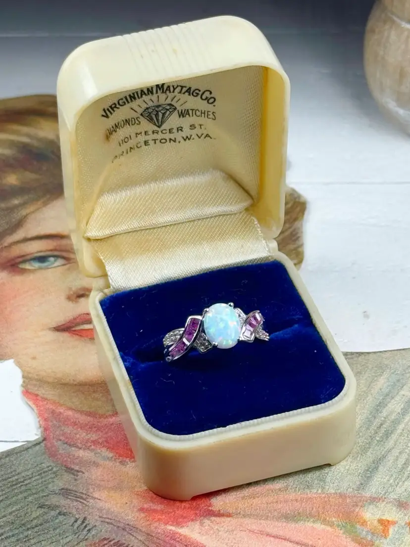 Sterling Silver Opal & Pink Sapphire Ring Size 7