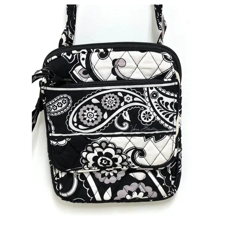Vera Bradley Mini Crossbody Bag Black & White Midnight Paisley Noir 2015 Adjustable Strap 6x8 in