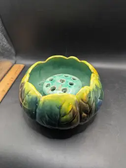 Vintage Majolica Pottery Planter With Attached Flower Frog Blue Yellow Aqua Green Drip Glaze. I