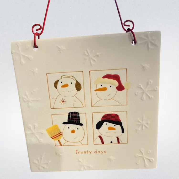 #01 Hallmark “Frosty Days” Ceramic Hanging Tile – Snowman Wall Decor-6.25” Square- 5” Hanger
