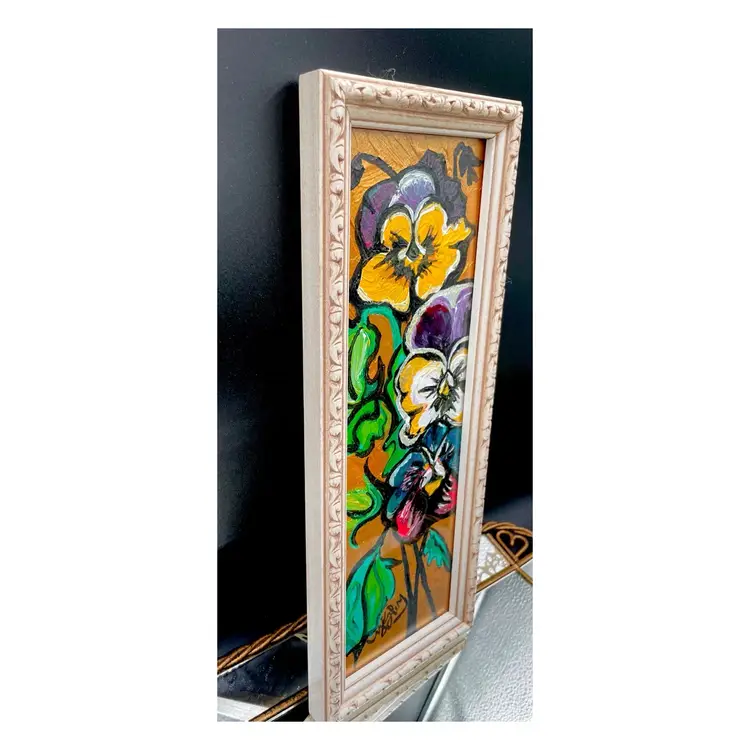 Sun Dancers
New, Original Pansy Painting 
On 4”x12” Watercolor Paper 
In 5”X13” Preloved Frame 
With Glass
Flower Art