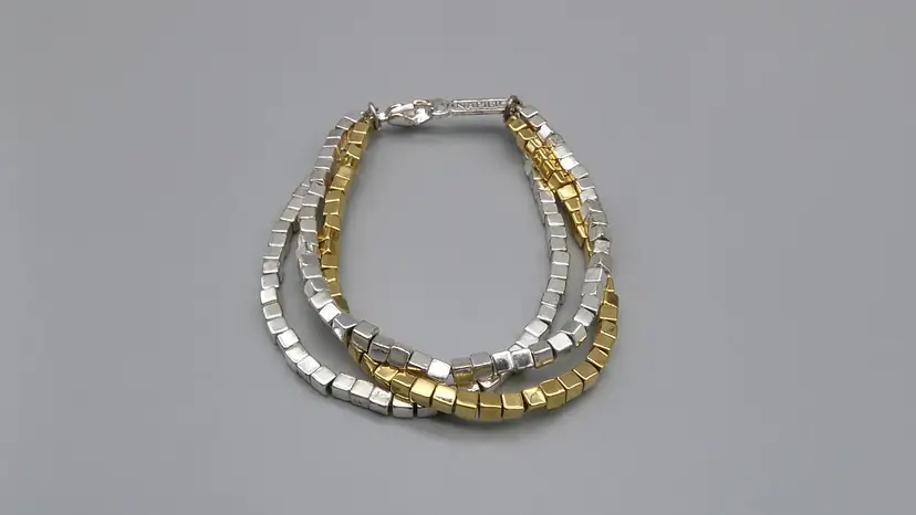 Vintage 80's Napier Triple Strand Cube Bead Bracelet Metallic Silver Gold Tone Mixed Metal 7.5"