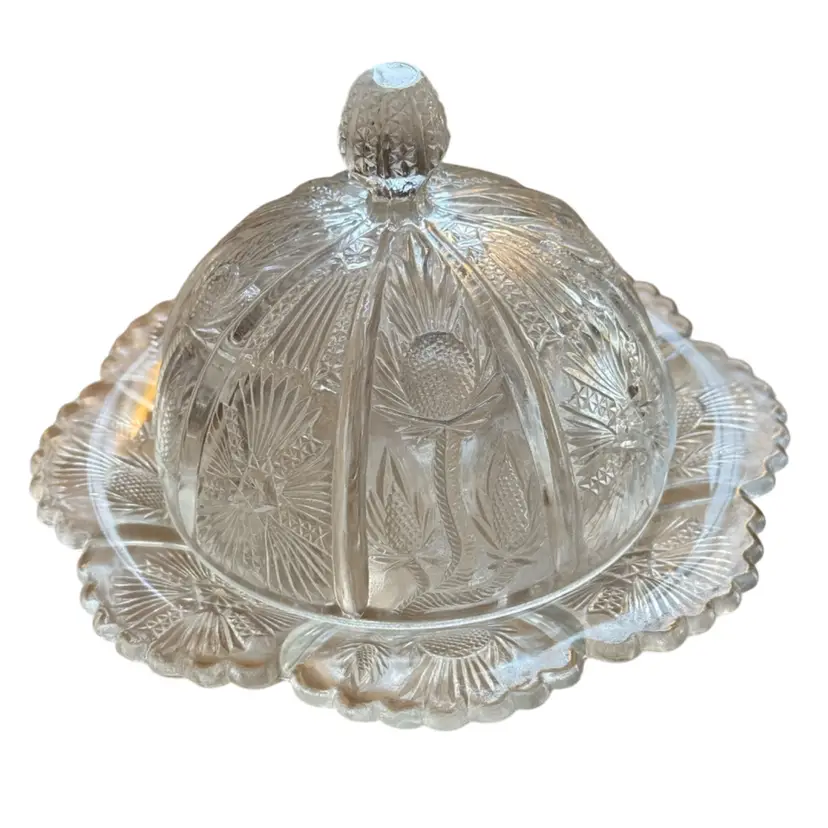 Higbee Paneled Thistle clear glass covered butter dish