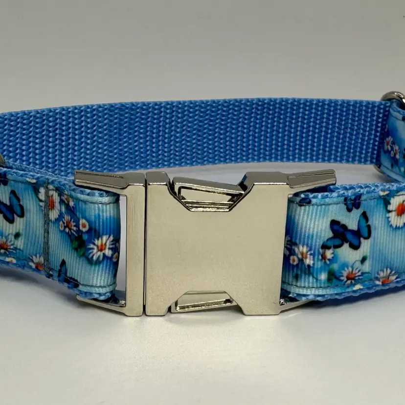 Dog Collar Blue Butterfly Daisy Flower Print Large Handmade Heavy Duty Metal Buckle New