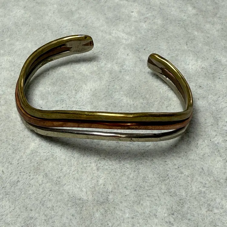 Vintage Tricolor Silver Brass Copper Tone Wave Curved Cuff Bracelet Retro