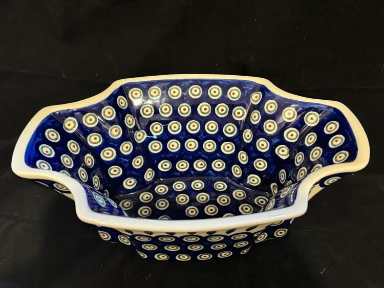 Polish Pottery large dish Peacock Pattern Signed No damage