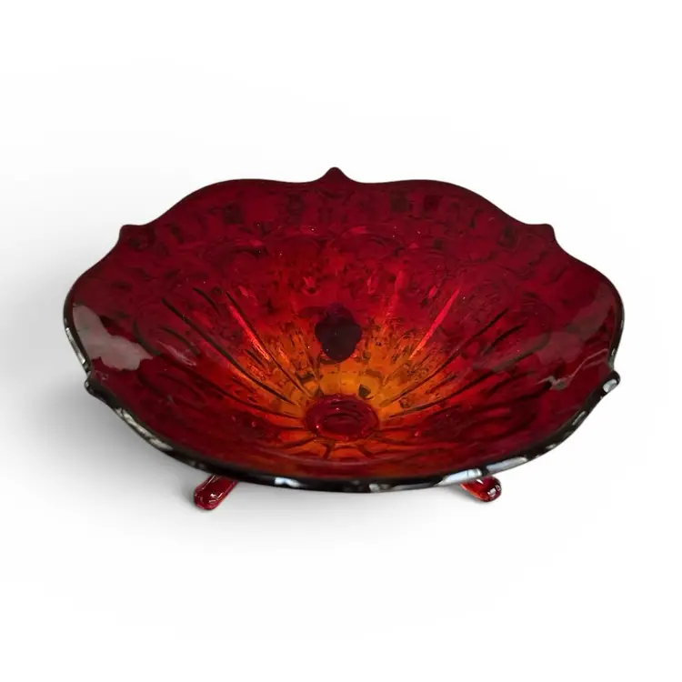 Unmarked Fenton Art Glass 3 Footed Bowl Ruby Red Amberina Pedestal Candy Dish