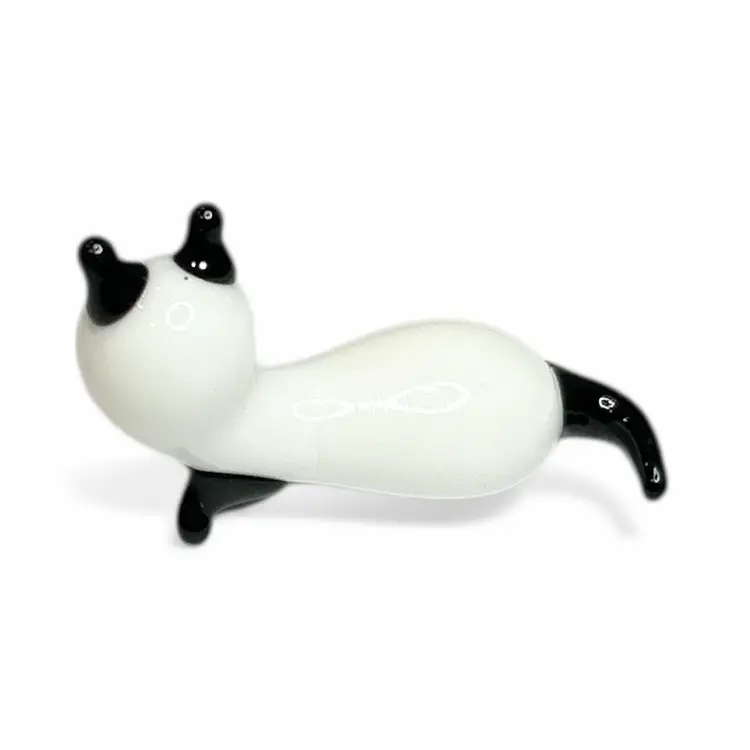 Mini Handblown Derpy White And Black Cat Art Glass Figurine And Christmas Stocking