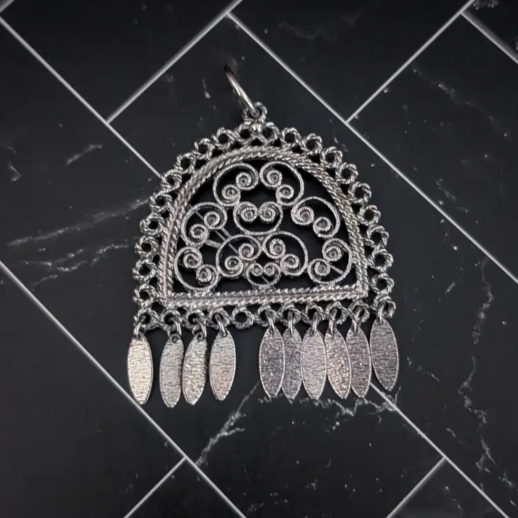 Vintage Pendant Large Ornate Silver Tone - No Chain Included - Dangle Missing