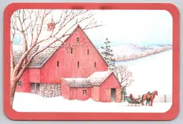 Postcard Old Red Barn Winter Scene Horse Drawn Sleigh Snowy Landscape Hallmark - 14825