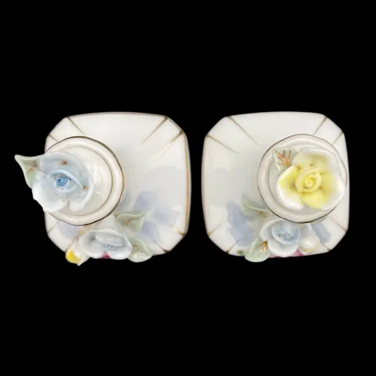 2 Vintage Ucagco Hand-Painted Porcelain Floral Perfume Bottles w/Stoppers, Japan