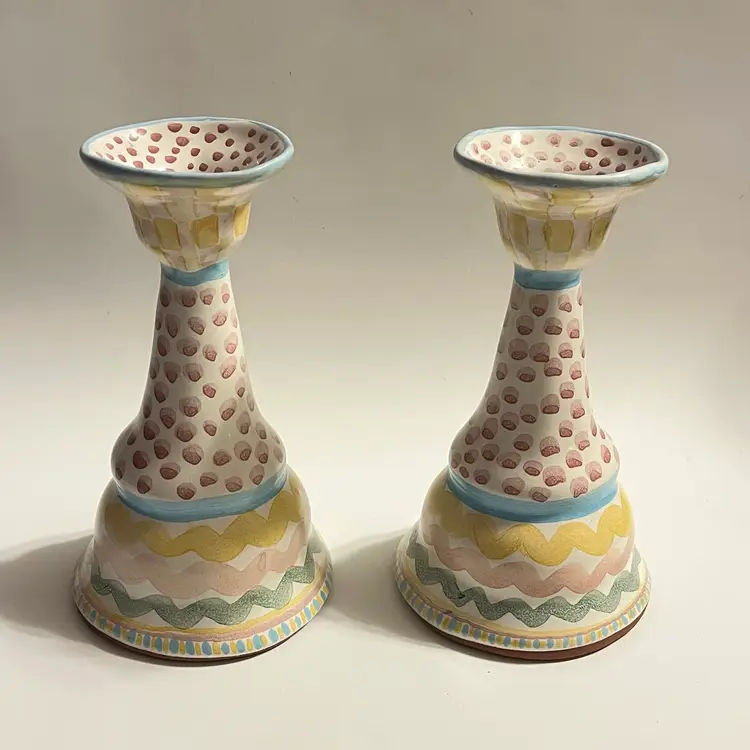 MACKENZIE CHILDS Candlestick Holders AURORA Pattern 7” PAIR 1988 Pottery Ceramic