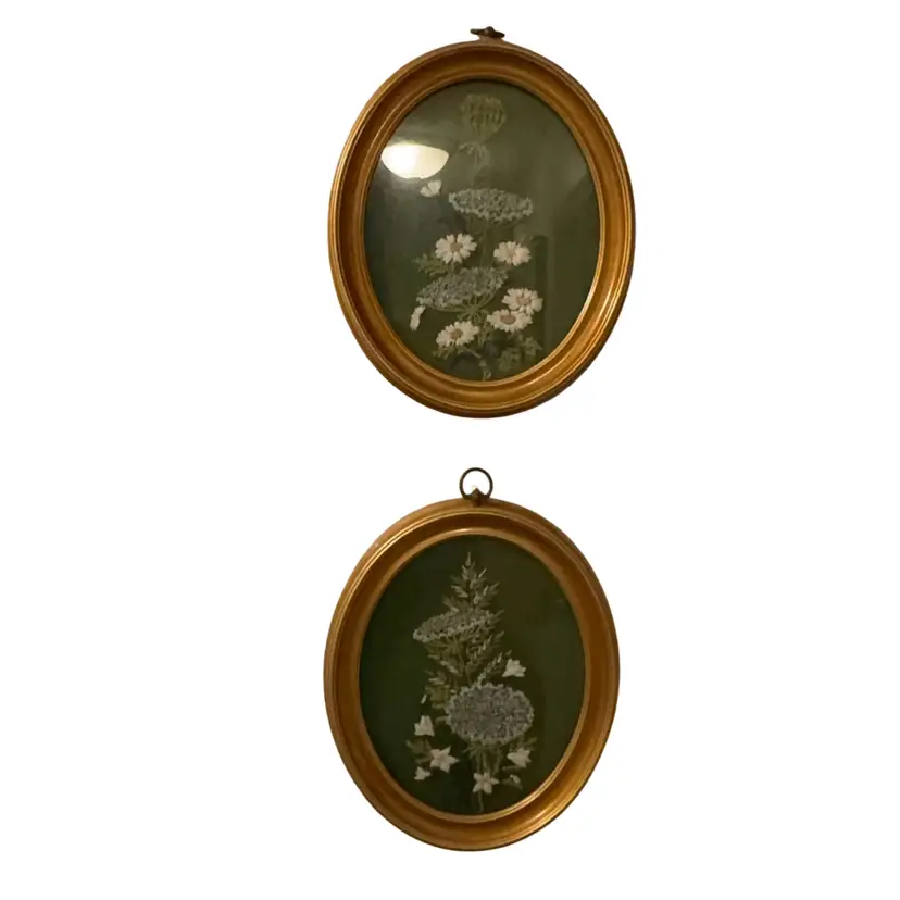 10”x12” Vintage Oval Embroidered Floral Framed Set, Top Ring On One Has Been Glued Back On And Pops Off- Hangers On Back Of Both