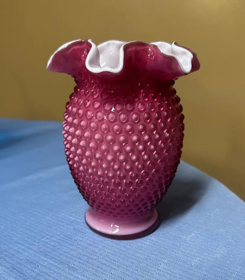 Fenton Pink Wild Rose Overlay Cased Glass Hobnail Double Crimped Vase 6" Tall