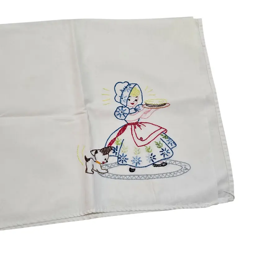 Vtg Embroidered Dress Girl & Puppy Flour Sack Towel