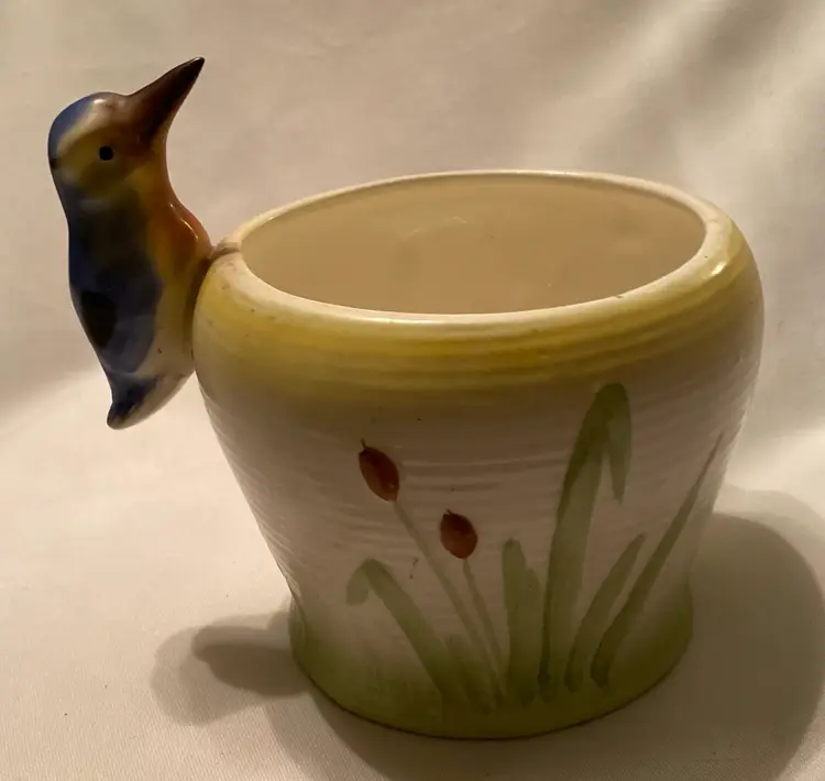 Adorable Czech Pottery Bird Planter with Cattails Czechoslovakia Kingfisher