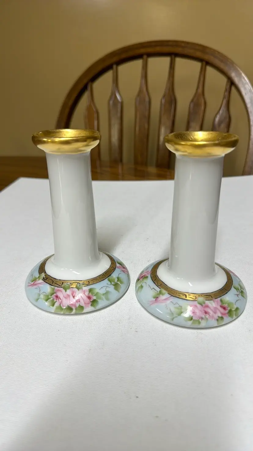 B & Co France Porcelain Candlestick Holders Hand painted gold trim 4.75” tall