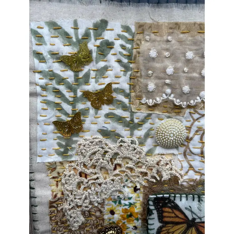 Made By Me Hand Sewn Fabric Collage Framed Art “Monarch”