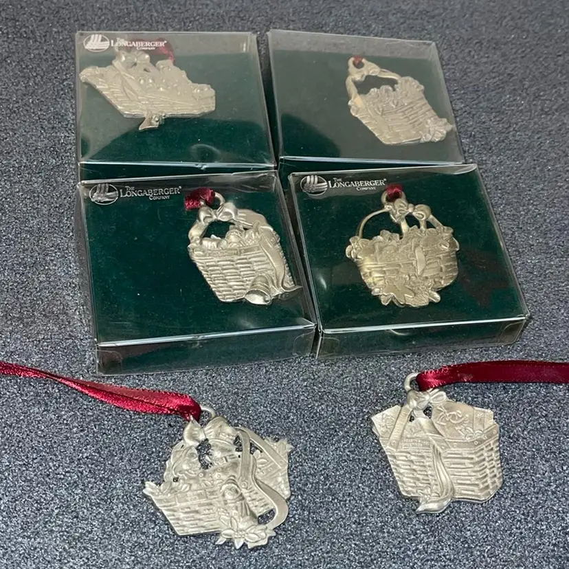 Longaberger Pewter Ornament Baskets Lot Of 6 With Ribbon Christmas